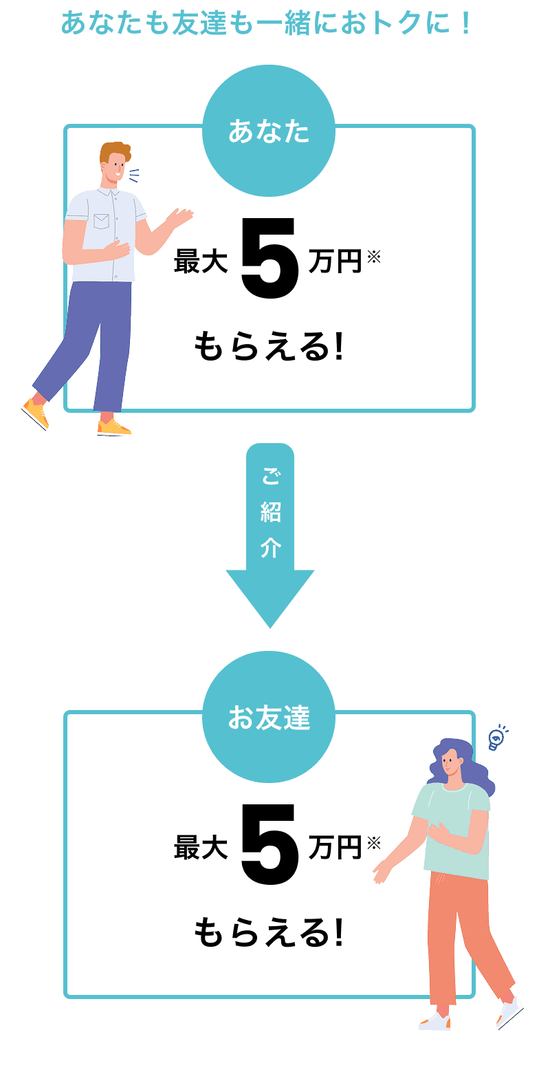 あなたも友達も一緒におトクに!最大5万円もらえる!